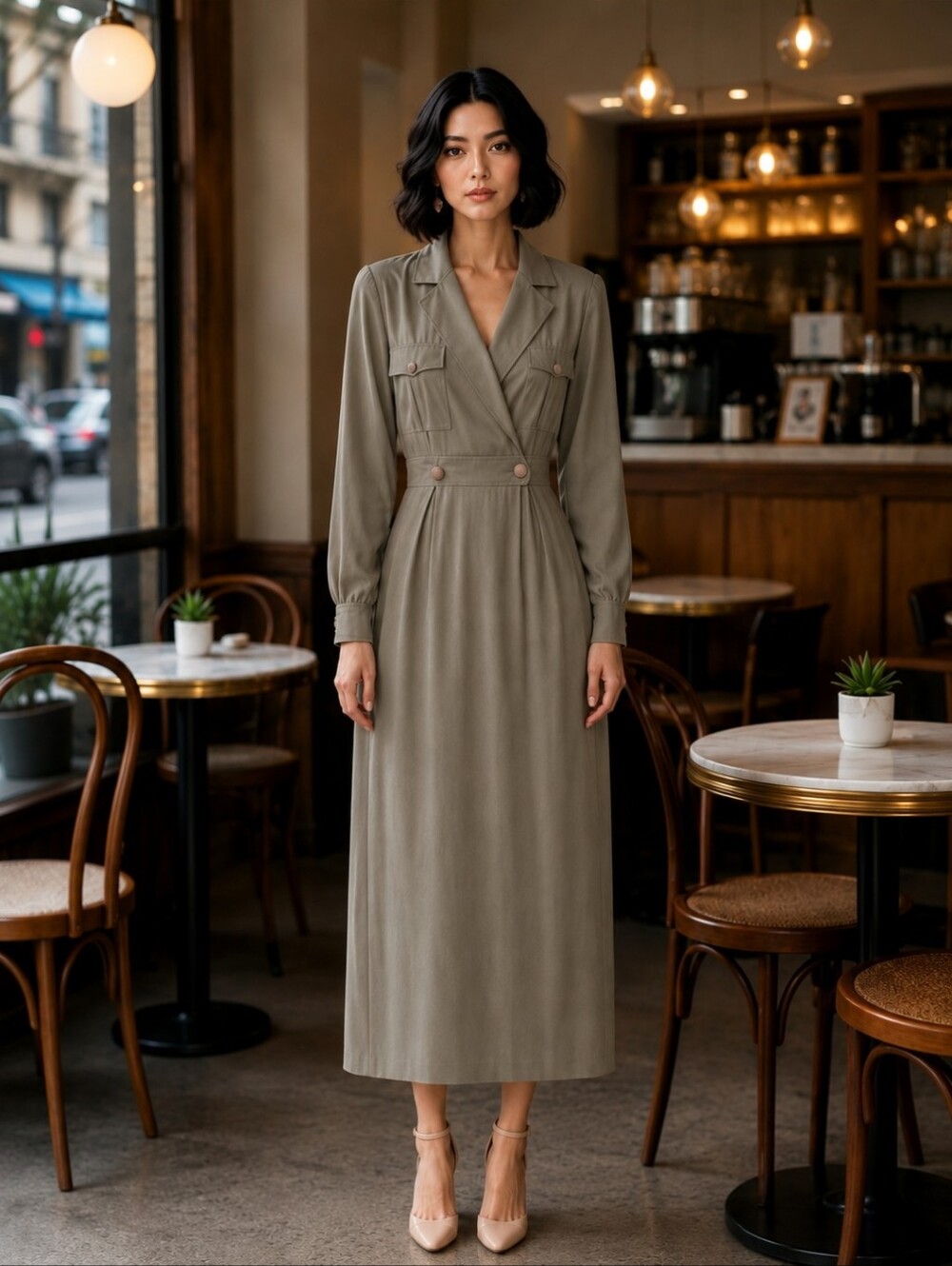 Kira | Vintage Taupe Green Midi Dress |Made in Canada |100% Viscose 1980-1990's
